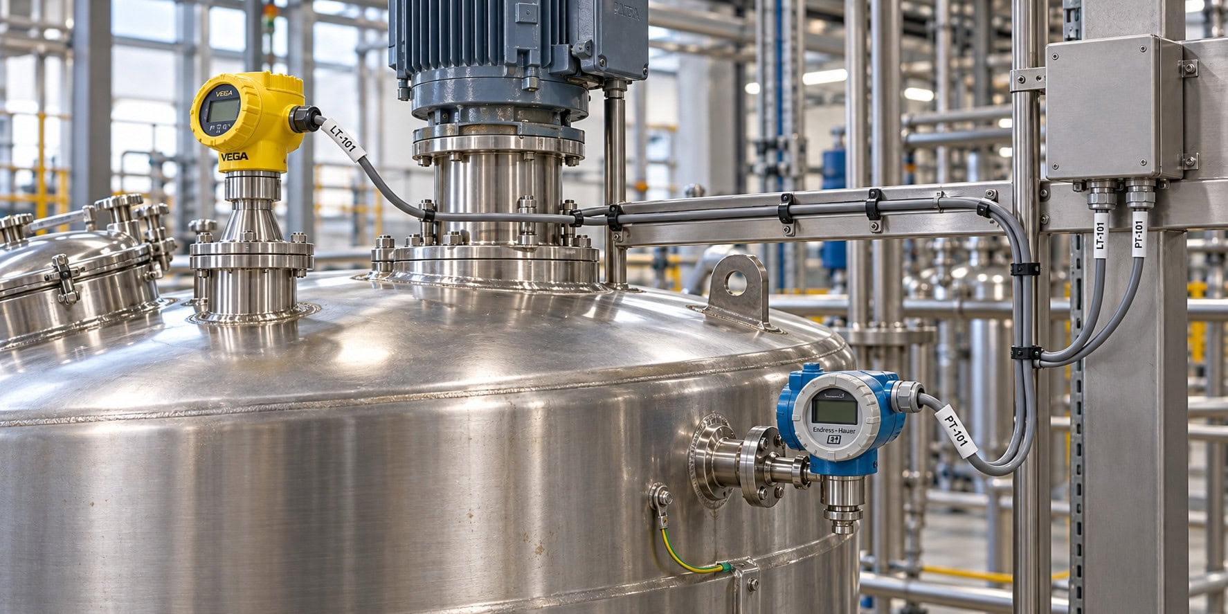 Symbolbild: Edelstahlbehälter einer Industrieanlage mit Sensoren und angeschlossener Messtechnik.