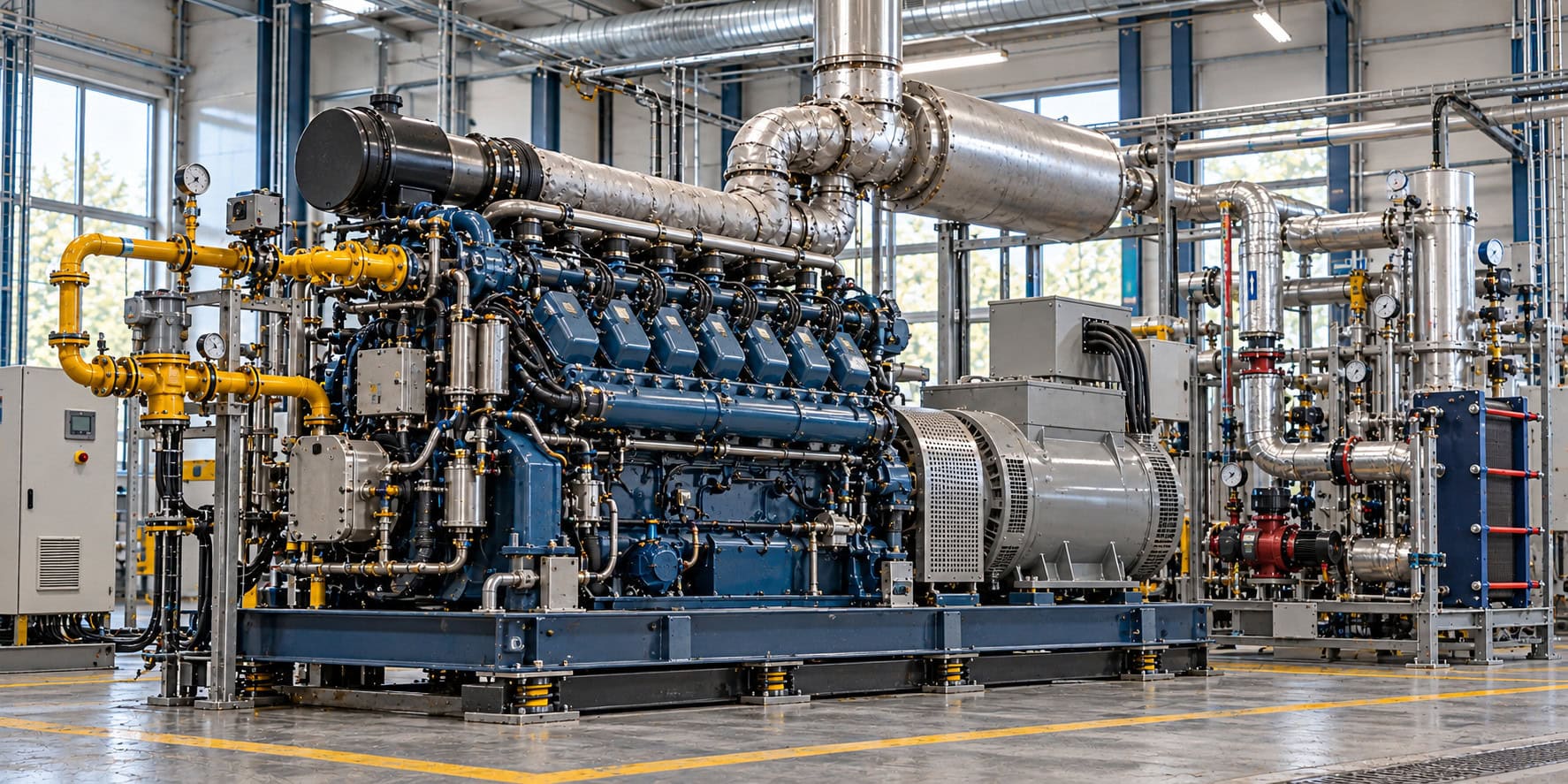 Symbolbild: Motor und Generator eines Blockheizkraftwerks in einer Industriehalle.