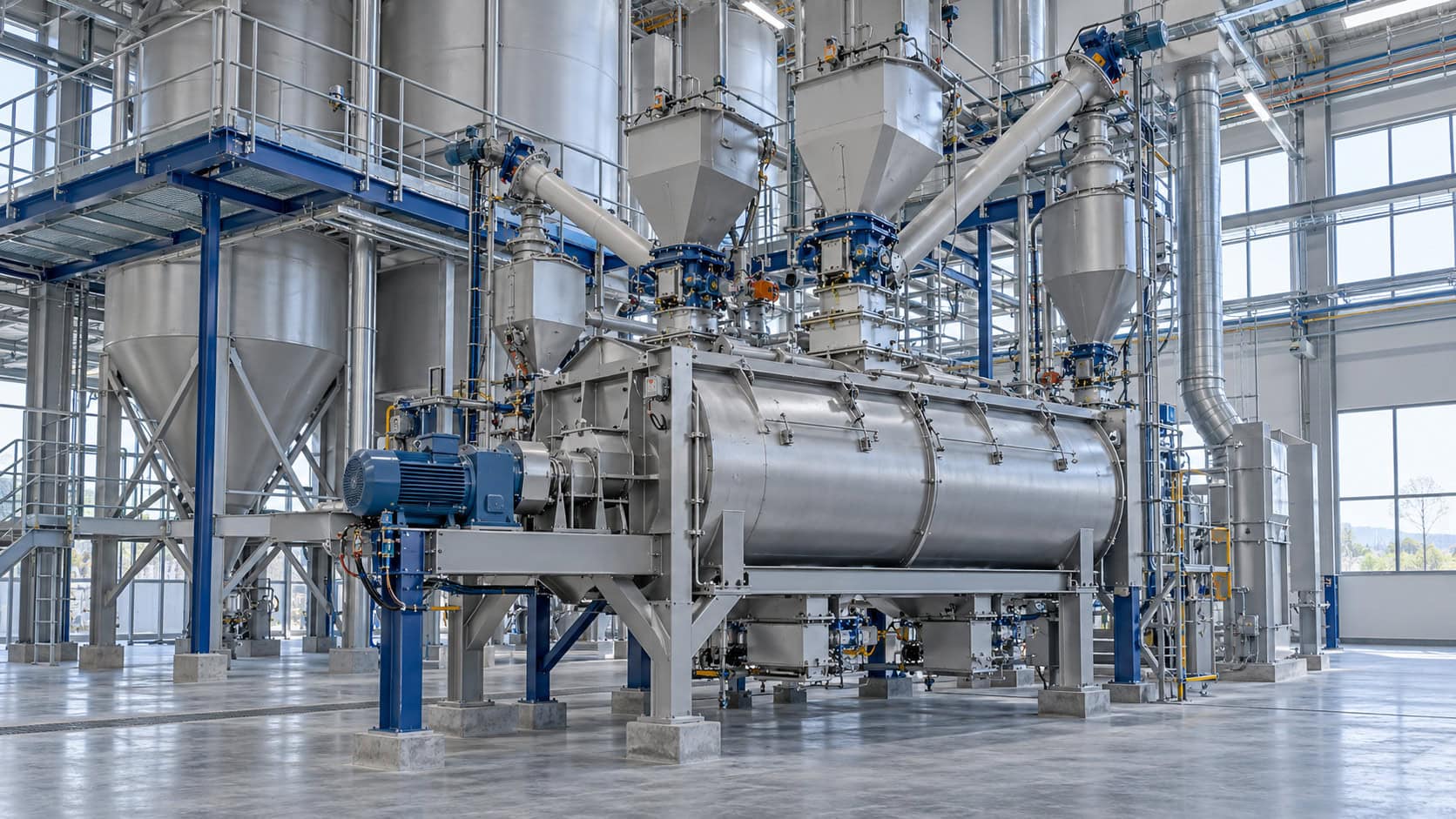 Mischanlage mit Silos und Dosierbehältern für bauchemische Produkte.
