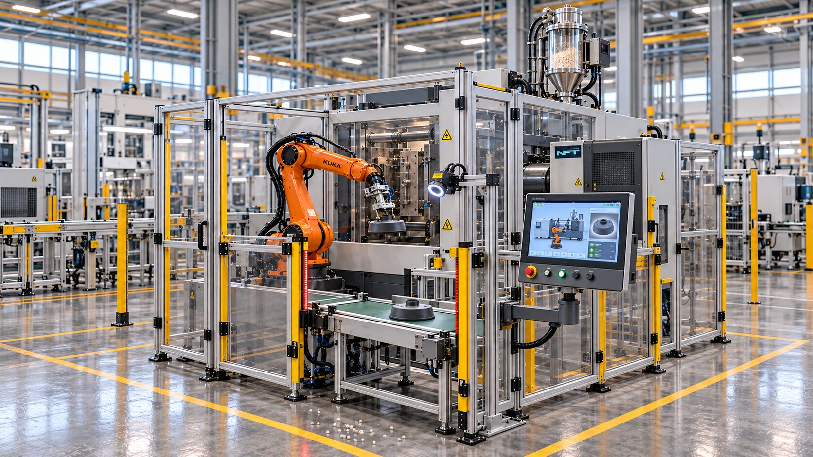Symbolbild: Roboterzelle mit Kamera und Bedienpanel zur Bauteilerkennung und zum Handling.