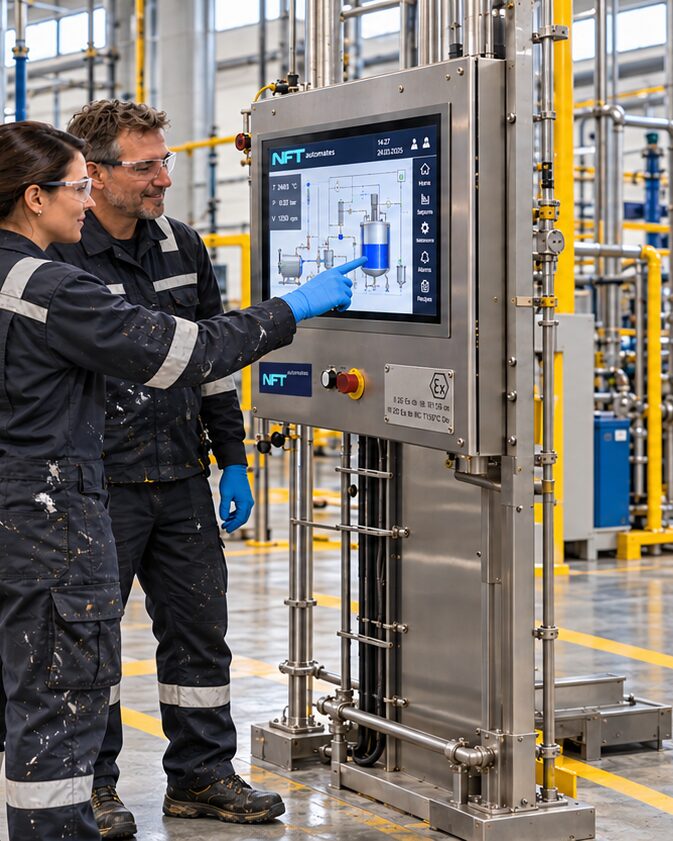 Zwei Personen betrachten die Steuerung einer Produktionsanlage.