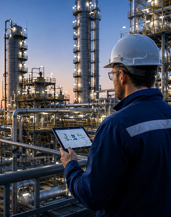 Person mit Tablet vor einer industriellen Prozessanlage.