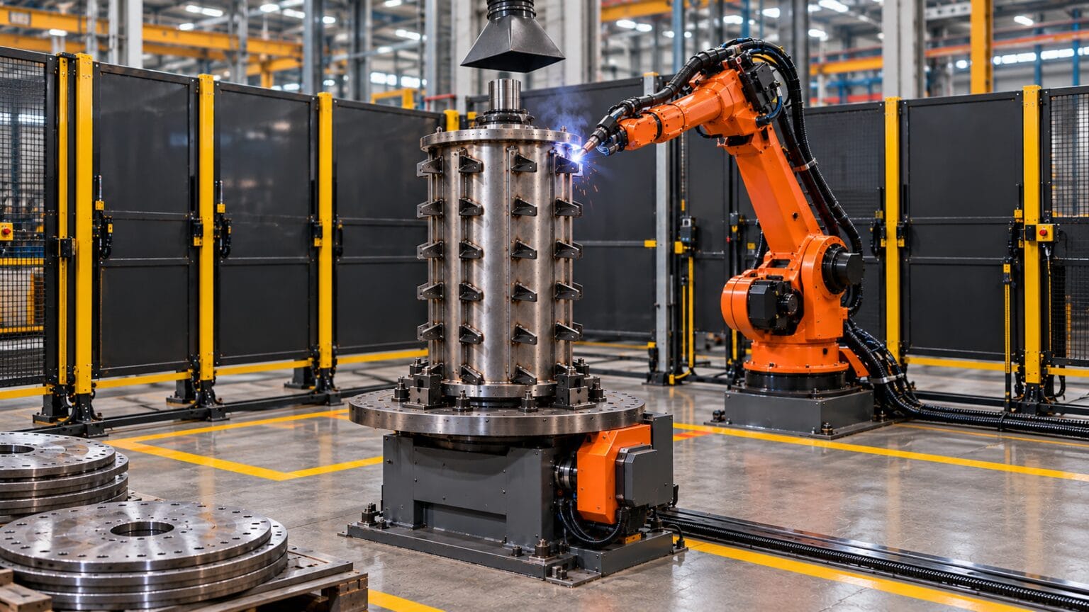 Symbolbild: Industrieroboter bearbeitet ein Metallbauteil in einer Fertigungszelle.