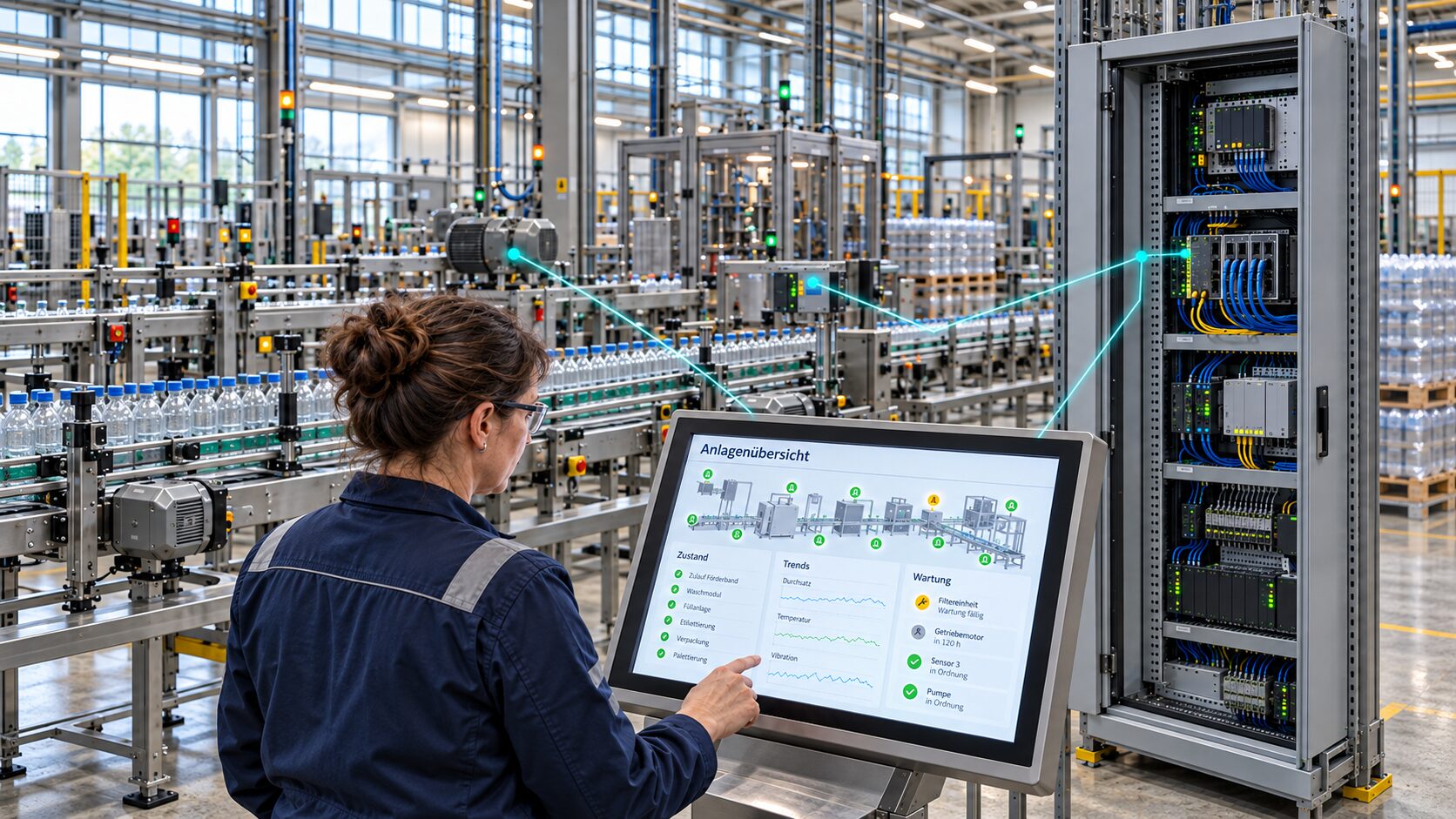 Symbolbild: Mitarbeiterin überwacht vernetzte Produktionsanlagen über eine digitale Anlagenübersicht.