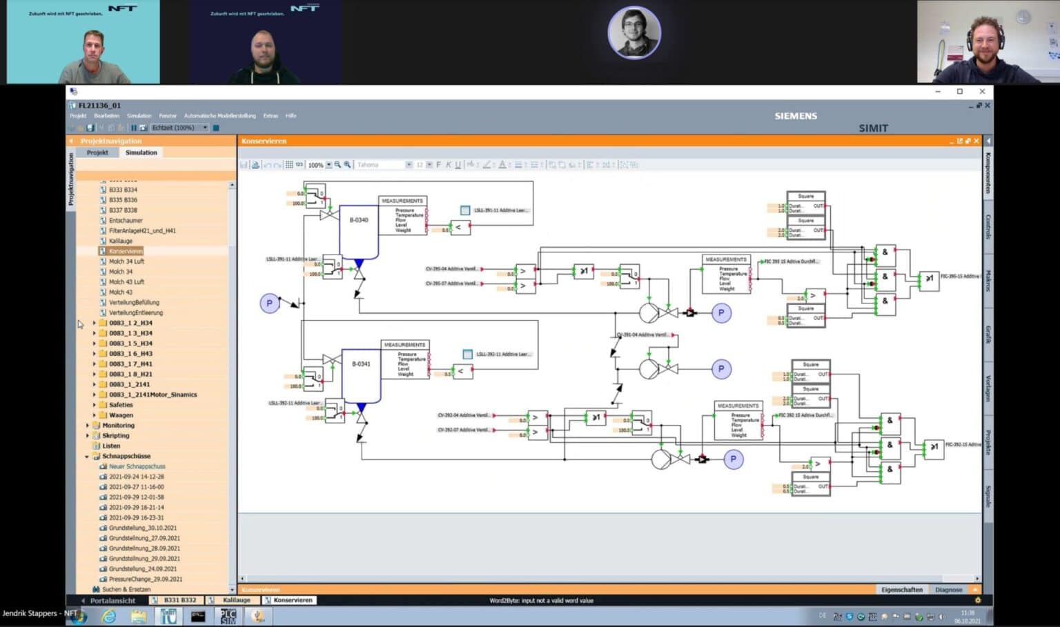 Videokonferenz zur virtuellen Inbetriebnahme bei Follmann Chemie mit einer Prozesssimulation in Siemens SIMIT.