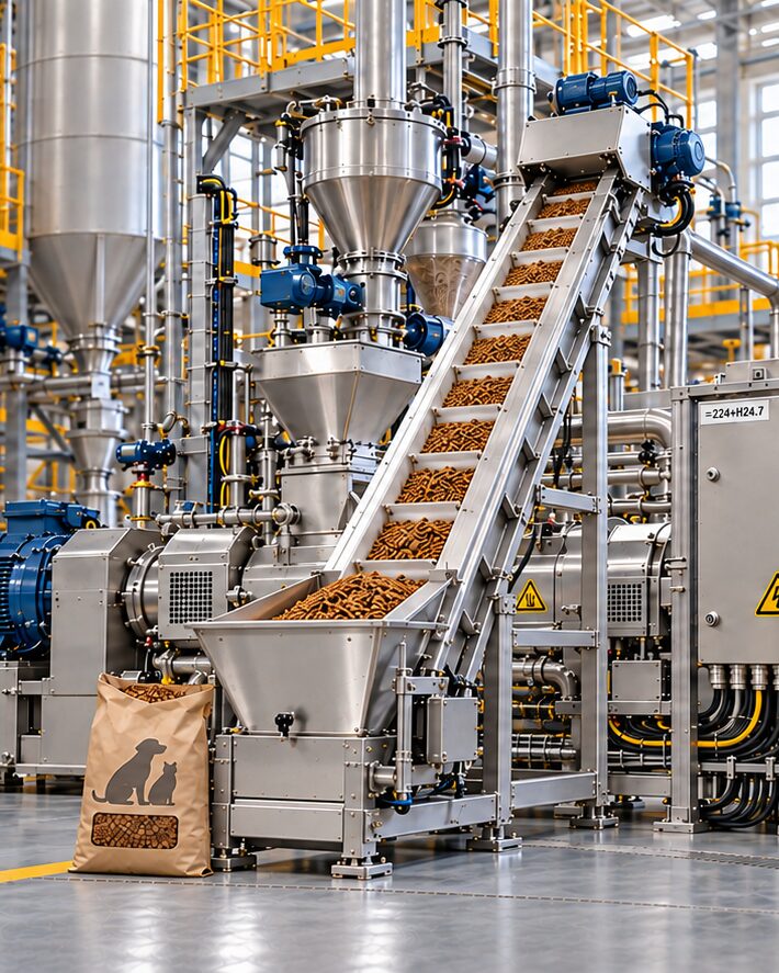 Förderanlage transportiert Tiernahrung durch eine Produktionsanlage.