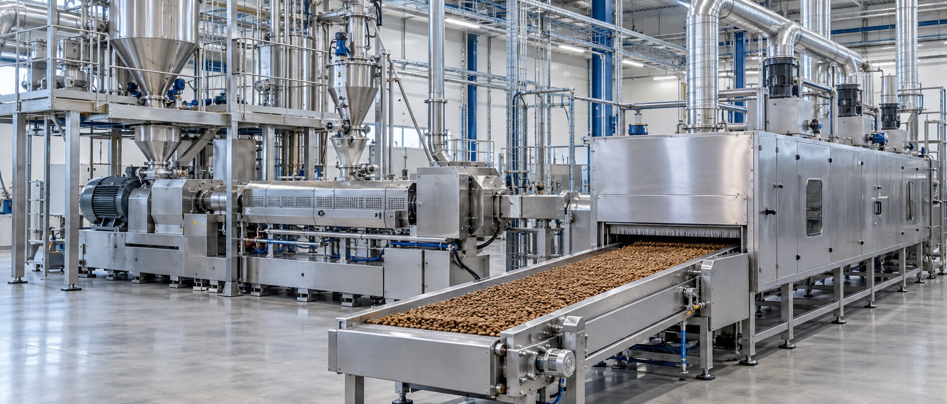Produktionsanlage mit Förderband für Tiernahrung.