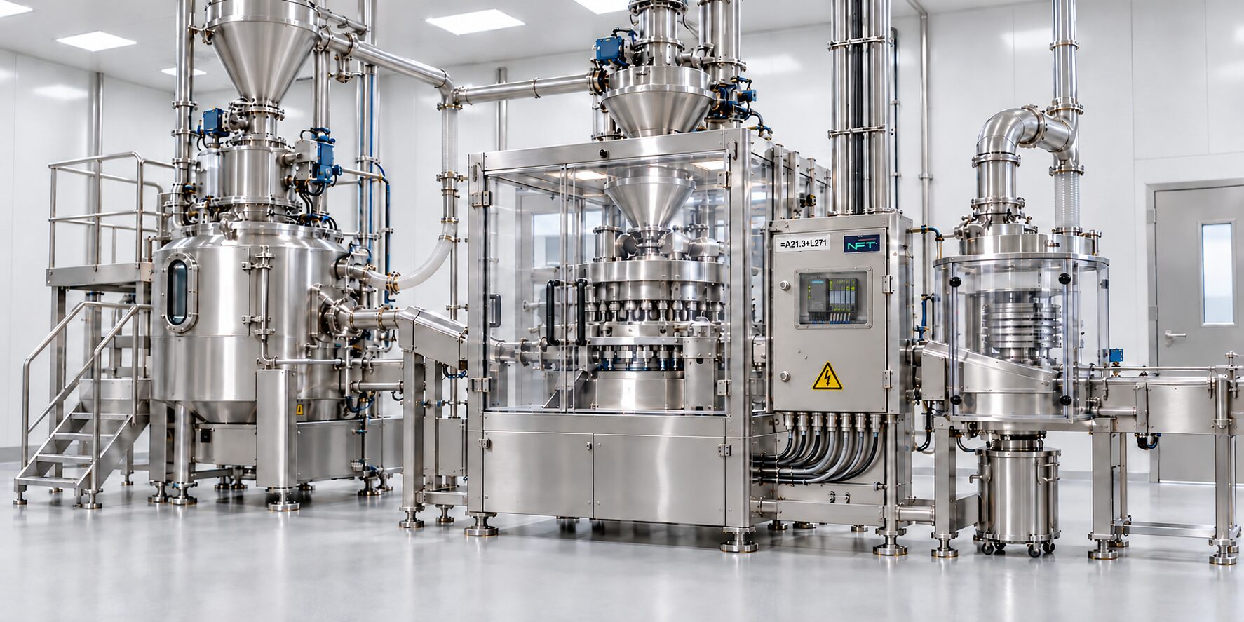 Pharma-Produktionsanlage mit Edelstahlbehältern und Abfülltechnik.