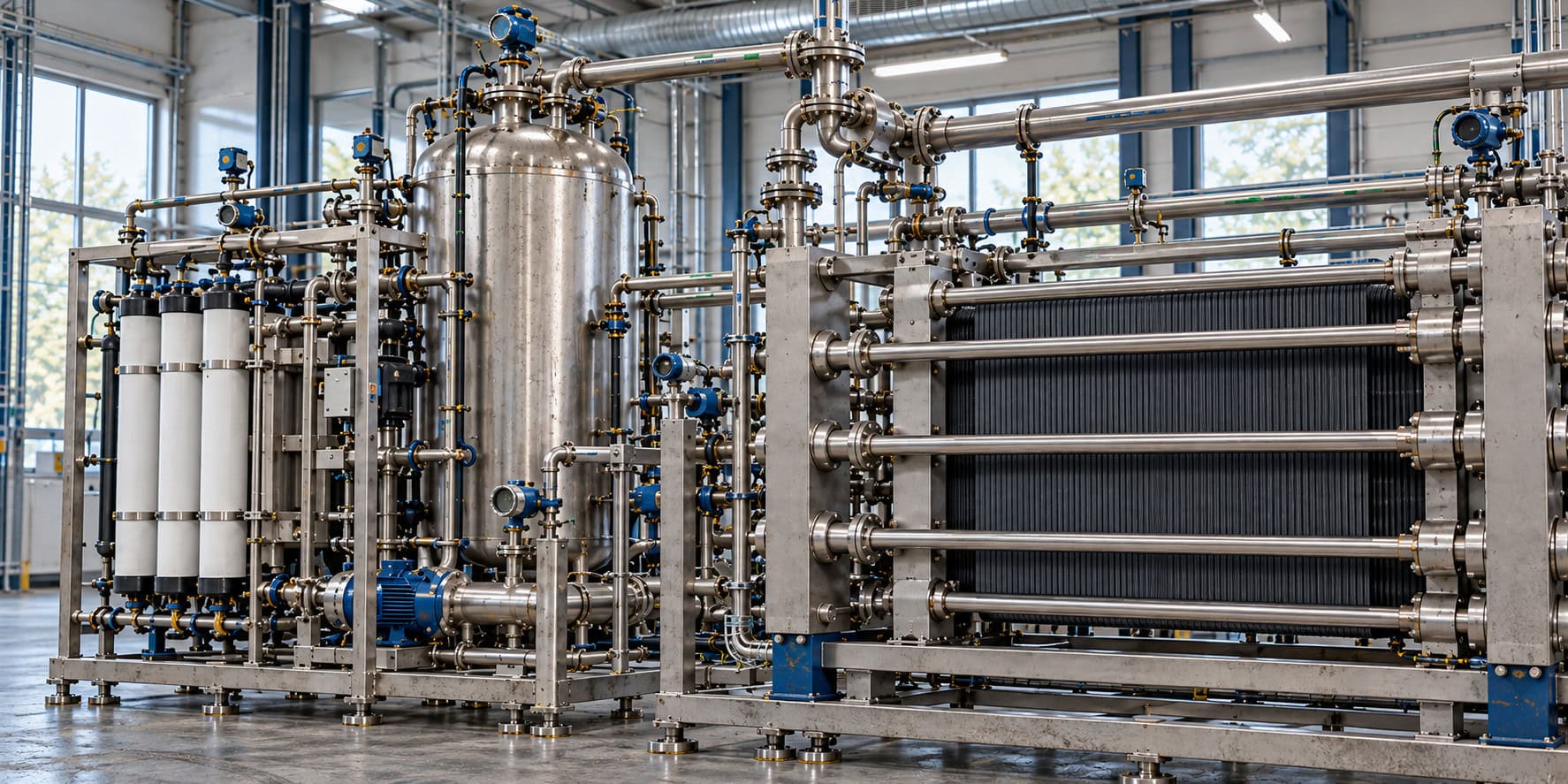Symbolbild: Industrieanlage mit Behältern, Rohrleitungen und einem Elektrolyseur zur Wasserstofferzeugung.